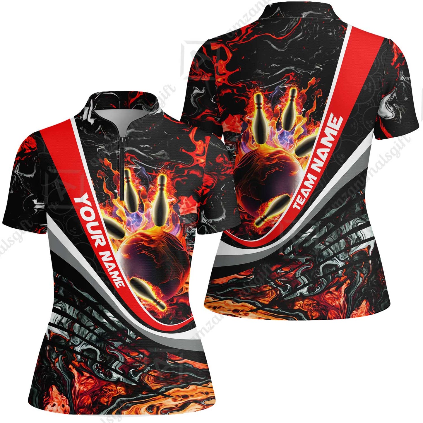 Customized Bowling Polo, Flaming Magma Bowling And Pins Multicolor Option Customized Name Team Name For Bowling Team Shirts