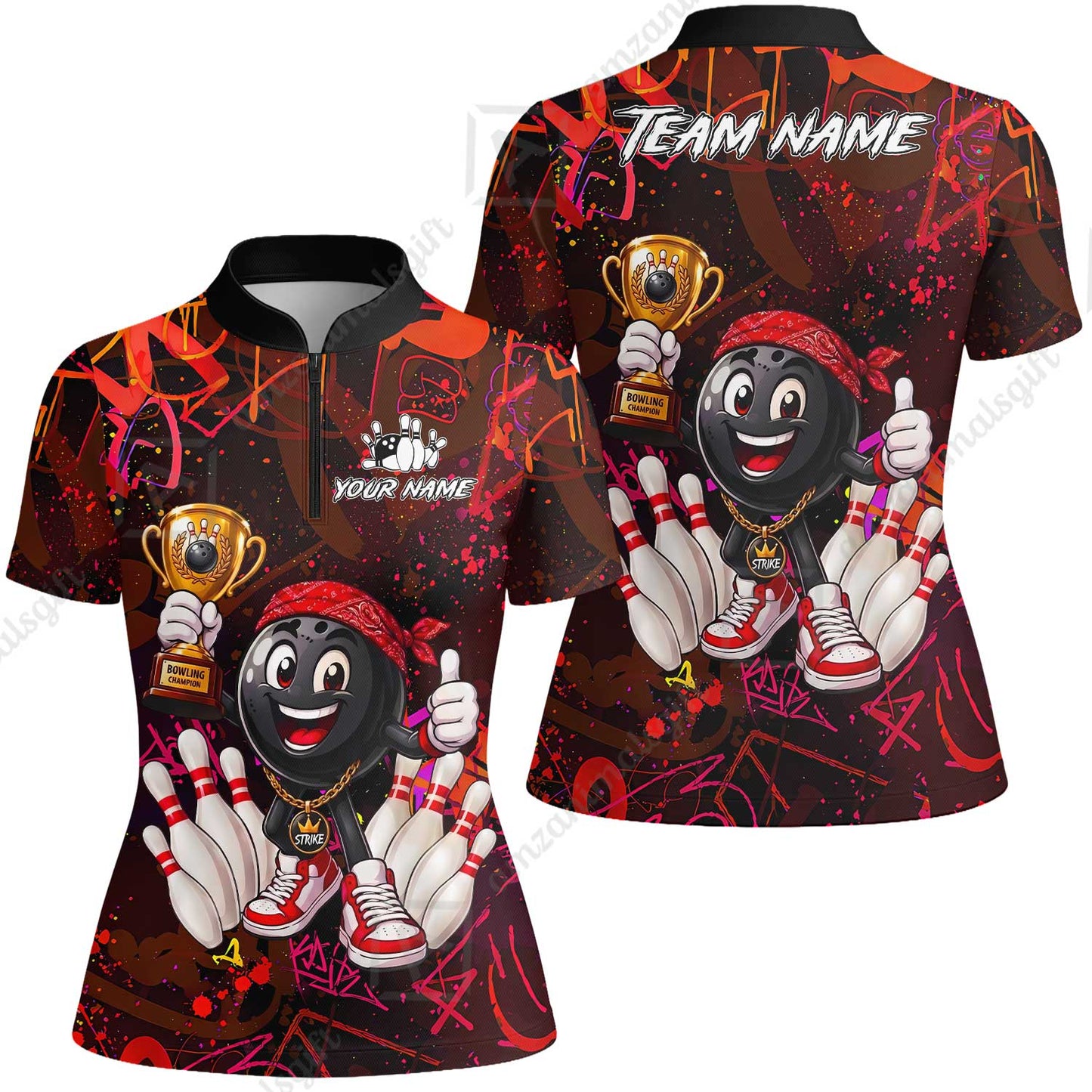 Custom Bowling Jersey Polo Shirt, Graffiti Champion, Custom Bowling Jersey Team Shirt For Players With Name & Team Name