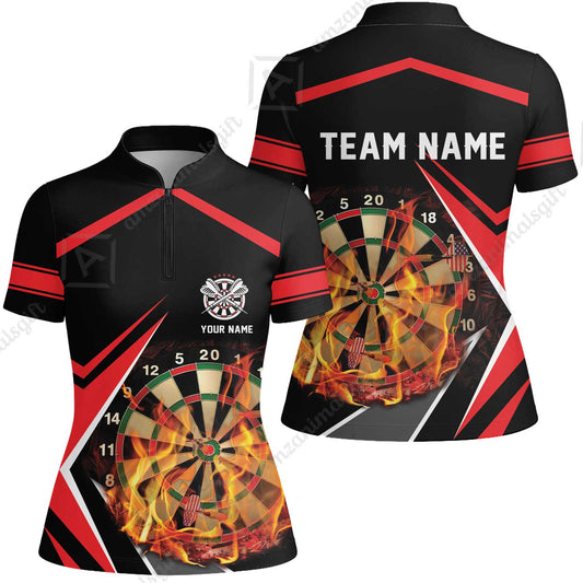 Customized Darts Team Women Jersey Shirt, Dartboard In Flame Polo Shirt Personalized Name And Team Name For Darts League