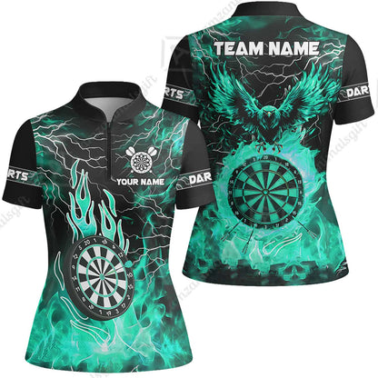 Custom Darts Team Jersey, Dartboard Fire Flame Custom Eagle Darts Jersey Polo Quarter-Zip Shirts, Custom Name And Team Name Darts Uniforms Jersey