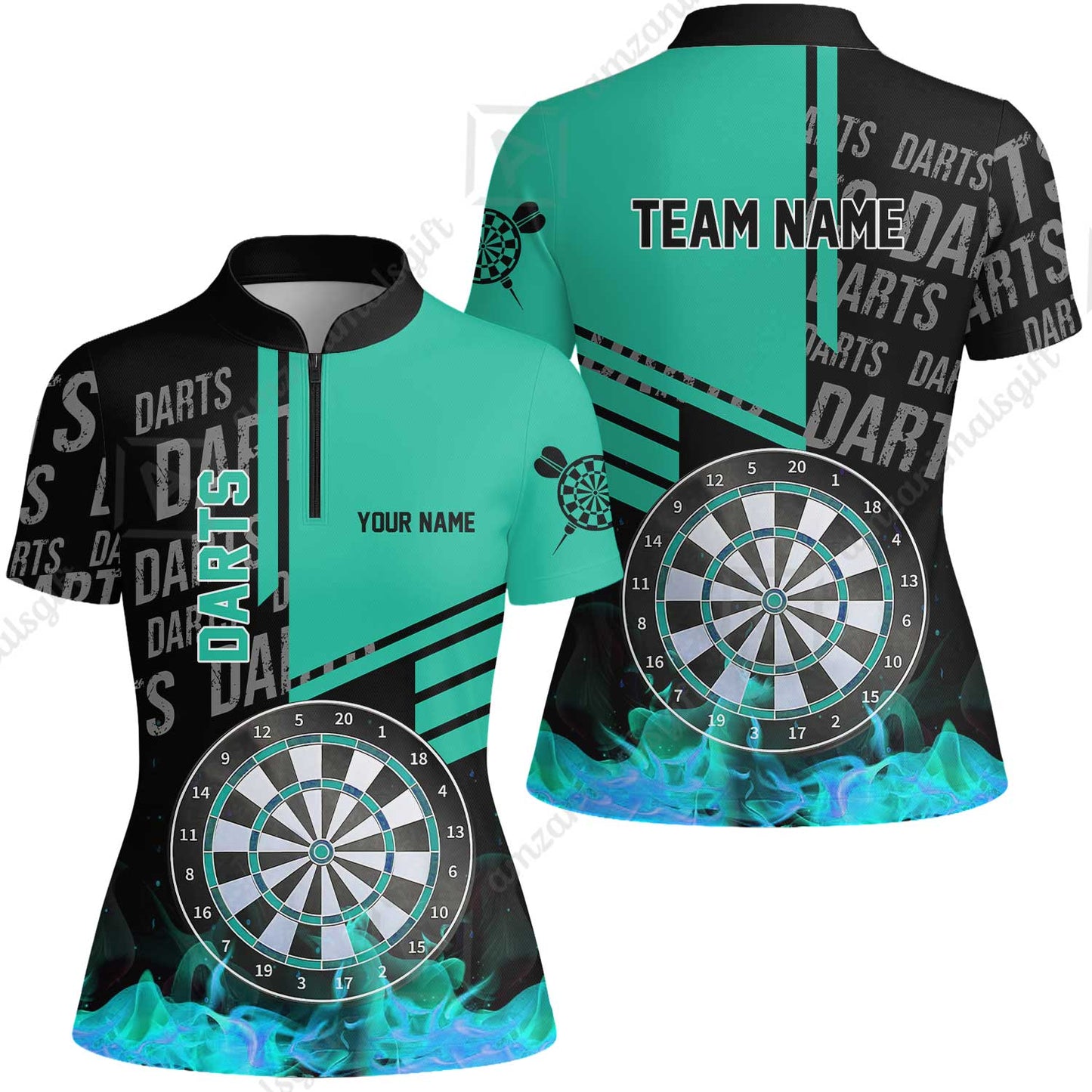 Custom Turquoise Fire Darts Unisex Polo, Custom Darts League Team Jersey Polo , Custom Darts Team Jerseys Uniform