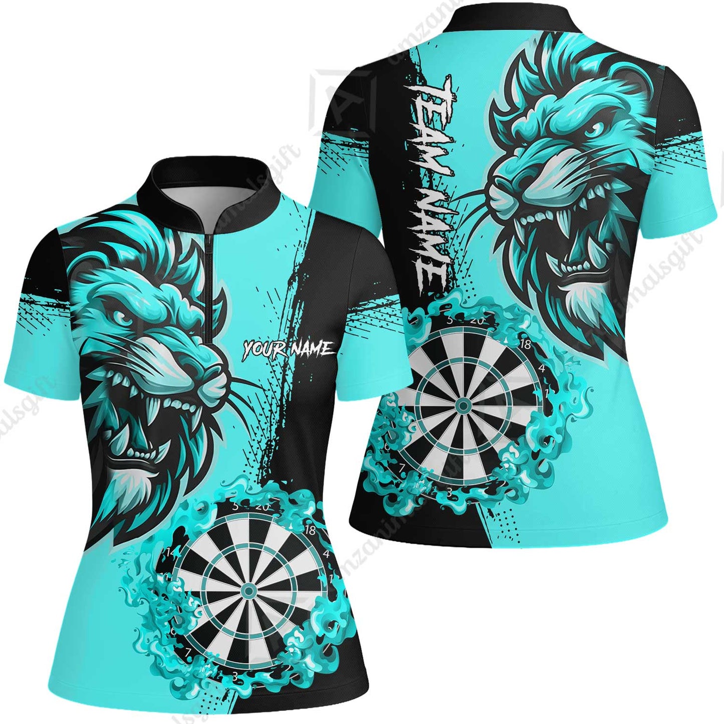 Custom Turquoise Funny Darts Team Unisex Polo Shirts, Darts uniforms Flame Lion Pattern Personalized Name And Team Name