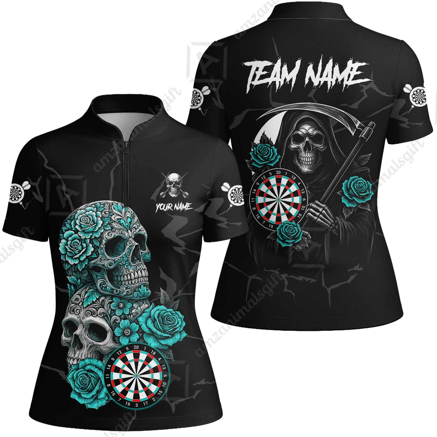Customized Darts Women Jersey Shirt, Darts Turquoise Skull Roses Dartboard Women Polo Shirt Style Jersey for Darts Players