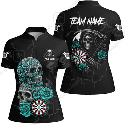 Customized Darts Women Jersey Shirt, Darts Turquoise Skull Roses Dartboard Women Polo Shirt Style Jersey for Darts Players