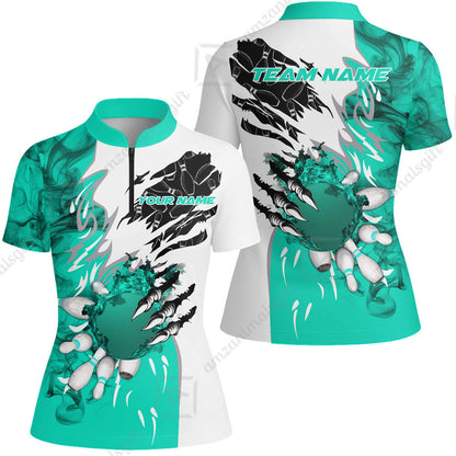 Customized Bowling Women Jersey Shirt, Bowling And Pins Plame Monster Hand Premium Multicolor Option Personalized Name And Team Zipper Polo Jerseys Shirts