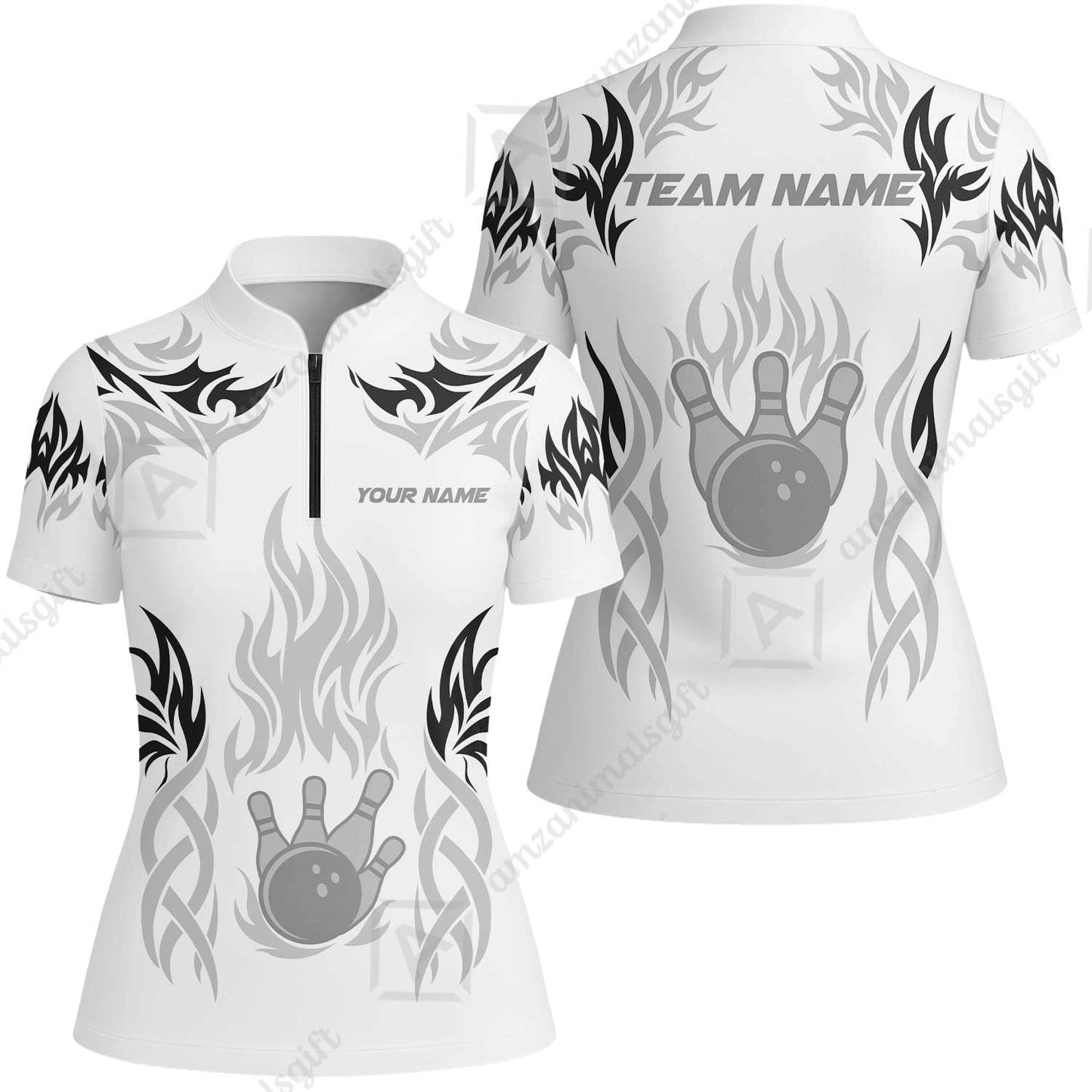 Personalized Bowling Team Women Jersey Shirt, Tribal And Bowling Flame Multi Option Customized Polo Shirt - White