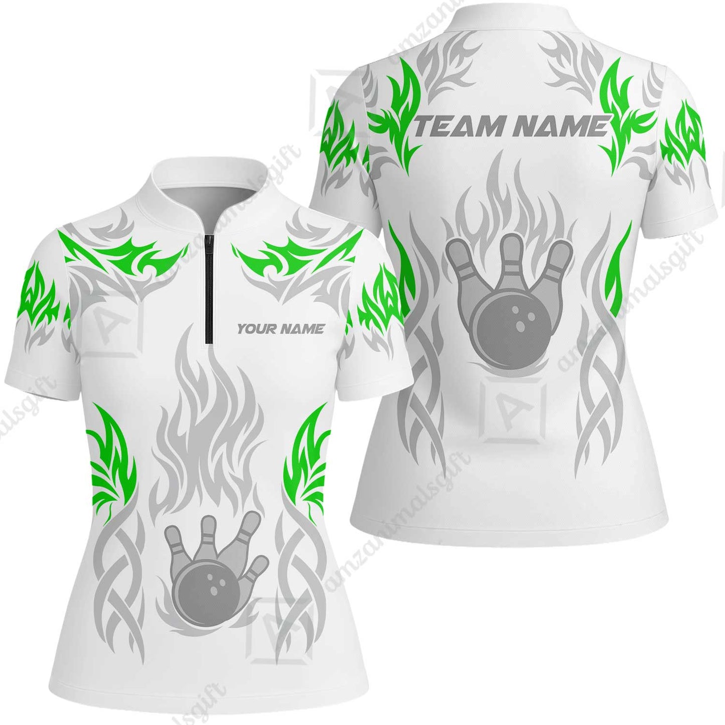 Personalized Bowling Team Women Jersey Shirt, Tribal And Bowling Flame Multi Option Customized Polo Shirt - White