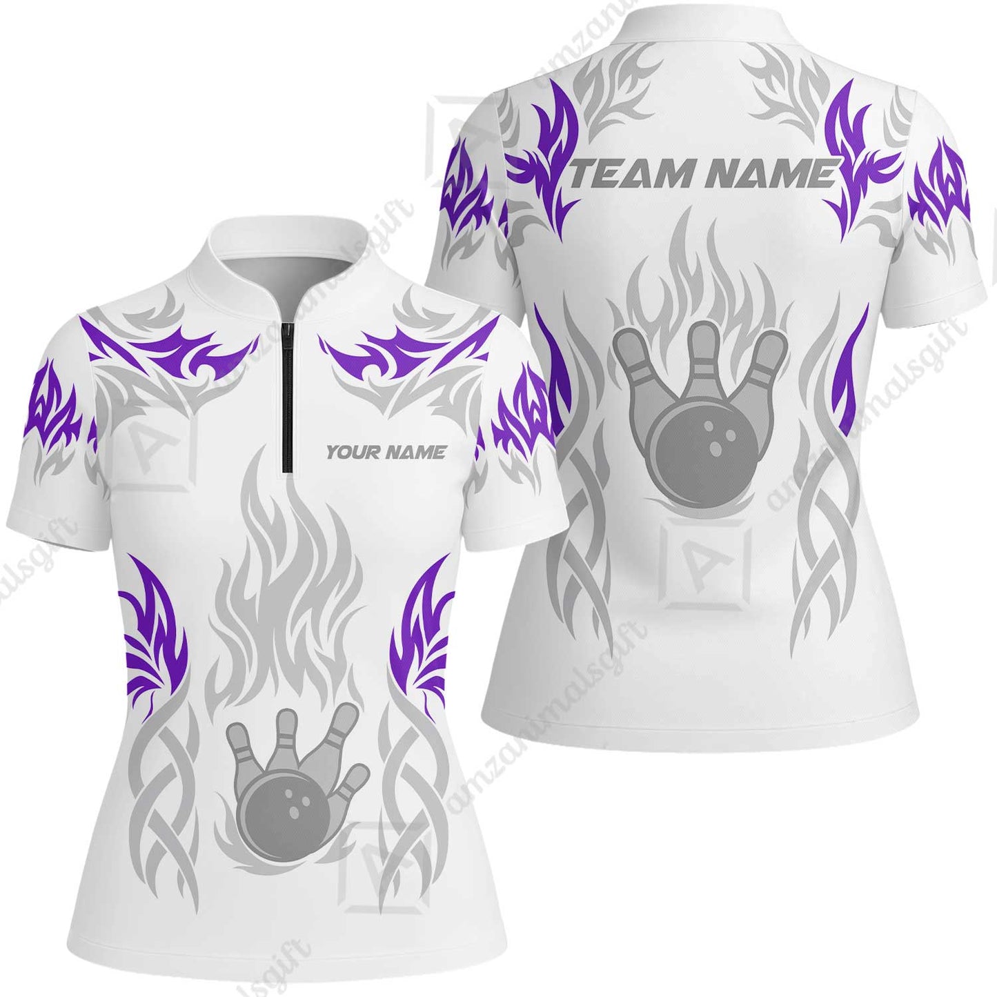 Personalized Bowling Team Women Jersey Shirt, Tribal And Bowling Flame Multi Option Customized Polo Shirt - White