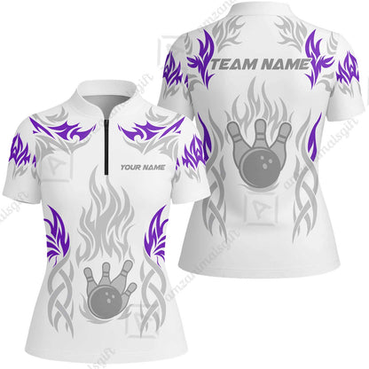 Personalized Bowling Team Women Jersey Shirt, Tribal And Bowling Flame Multi Option Customized Polo Shirt - White
