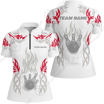 Personalized Bowling Team Women Jersey Shirt, Tribal And Bowling Flame Multi Option Customized Polo Shirt - White