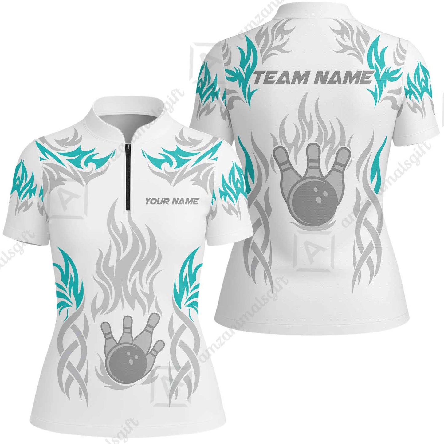 Personalized Bowling Team Women Jersey Shirt, Tribal And Bowling Flame Multi Option Customized Polo Shirt - White