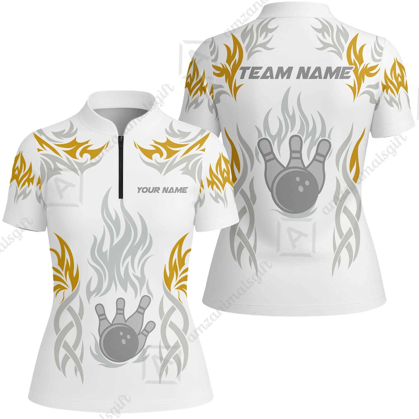 Personalized Bowling Team Women Jersey Shirt, Tribal And Bowling Flame Multi Option Customized Polo Shirt - White