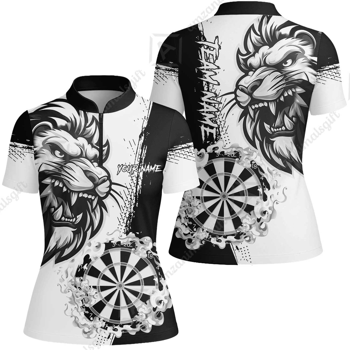 Custom Turquoise Funny Darts Team Unisex Polo Shirts, Darts uniforms Flame Lion Pattern Personalized Name And Team Name