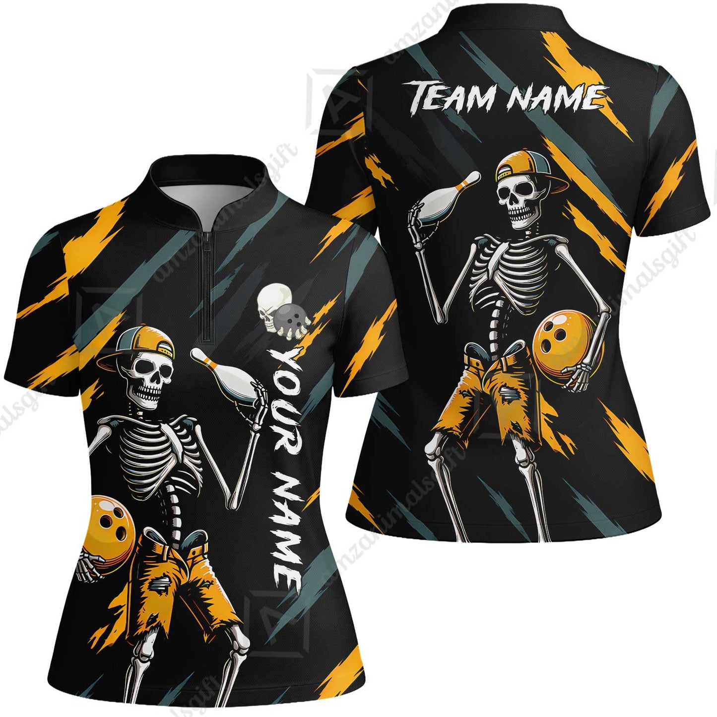 Customized Bowling Shirt, Bad Boy Skeleton Bowler, Personalized Polo Shirt For Players With Name & Team Name