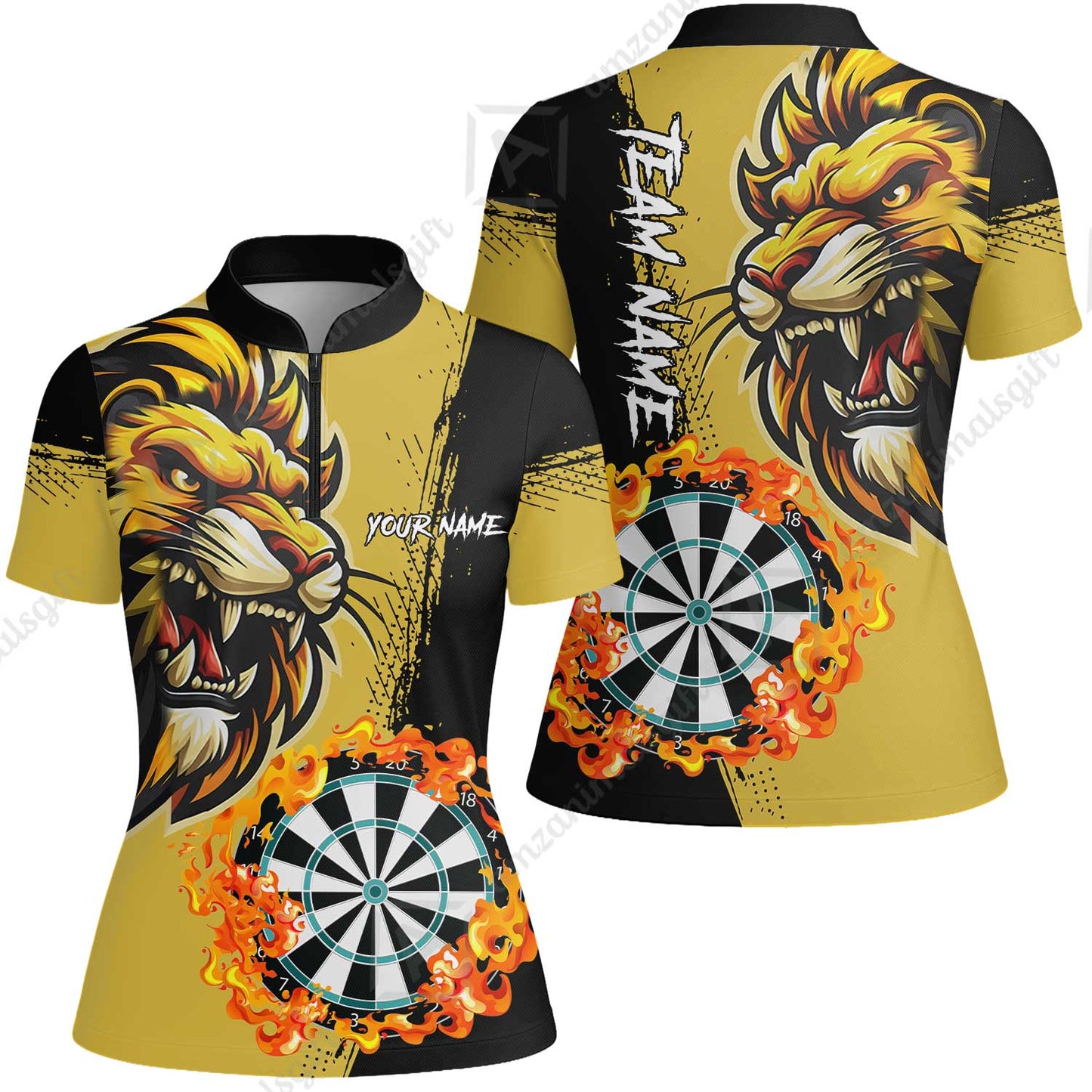 Custom Turquoise Funny Darts Team Unisex Polo Shirts, Darts uniforms Flame Lion Pattern Personalized Name And Team Name