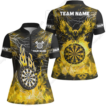 Custom Darts Team Jersey, Dartboard Fire Flame Custom Eagle Darts Jersey Polo Quarter-Zip Shirts, Custom Name And Team Name Darts Uniforms Jersey