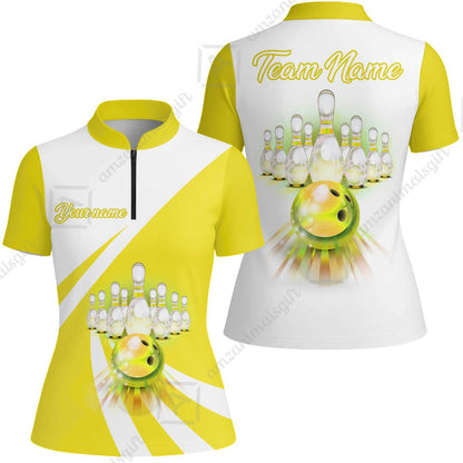 Bowling Customized Jersey White Yellow Shirt Rolling Bowling Tenpin Quarter Zip Shirt, Outfit For Bowlers, Bowling Team
