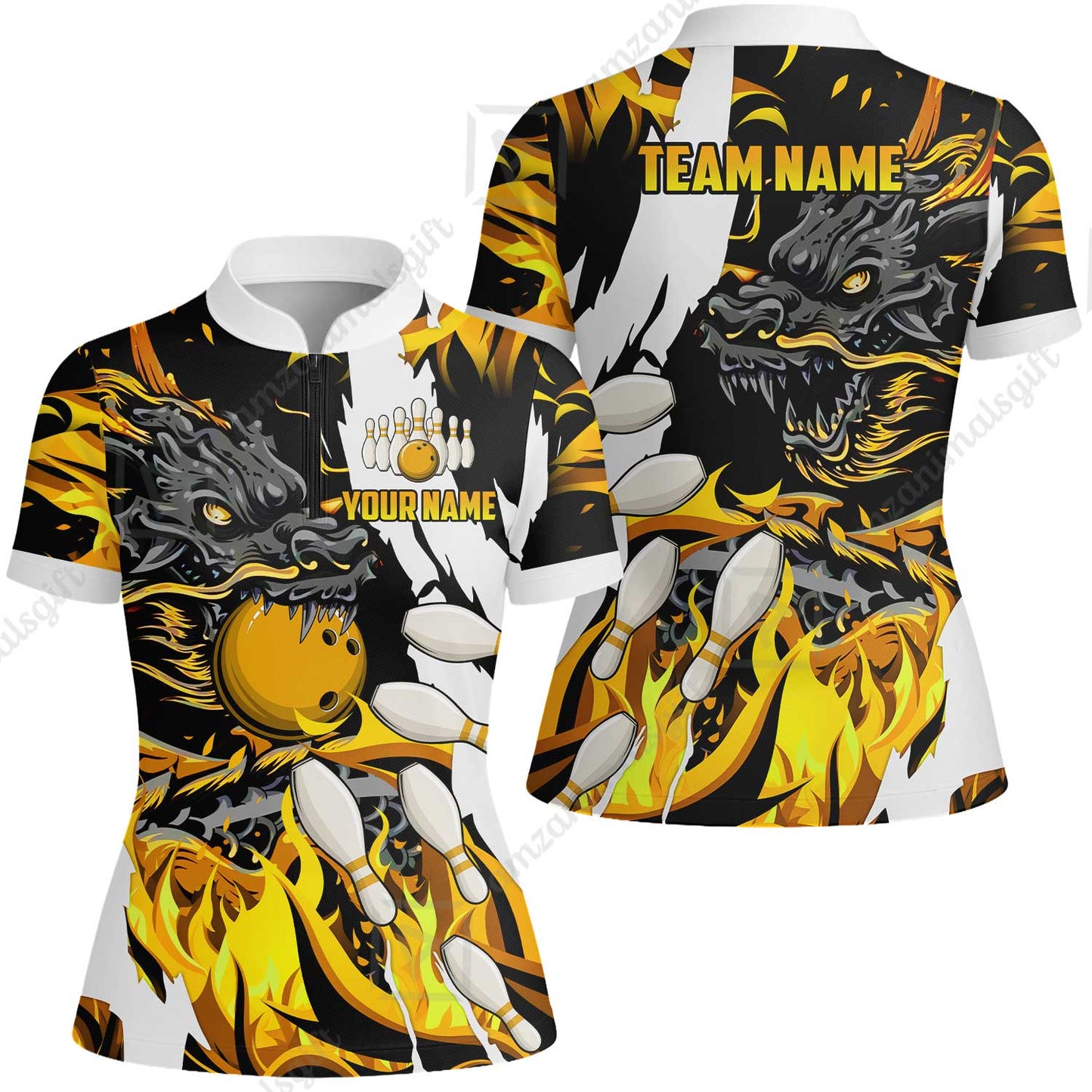 Custom Bowling Team Women Jersey Shirt, Bowling uniforms Ball & Pins Dragon Flame Pattern Personalized Name And Team Name