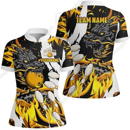 Custom Bowling Team Women Jersey Shirt, Bowling uniforms Ball & Pins Dragon Flame Pattern Personalized Name And Team Name