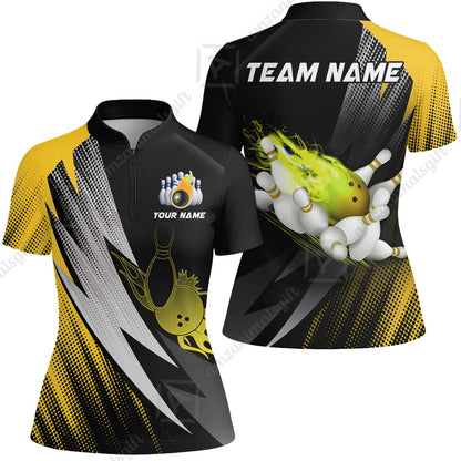 Customized Bowling Women Jersey Shirt, Bowling Ball And Pins Thunder Polka Dot Motifs Multicolor Option Customized Name And Team Polo Shirts