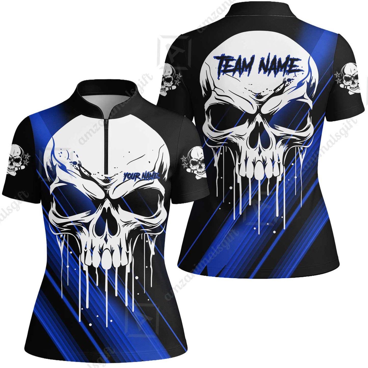 Customized Bowling Polo, Blue Skull Bowling Creepy Style Bowling jerseys Custom Name And Team Shirt