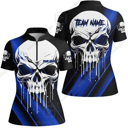 Customized Bowling Polo, Blue Skull Bowling Creepy Style Bowling jerseys Custom Name And Team Shirt