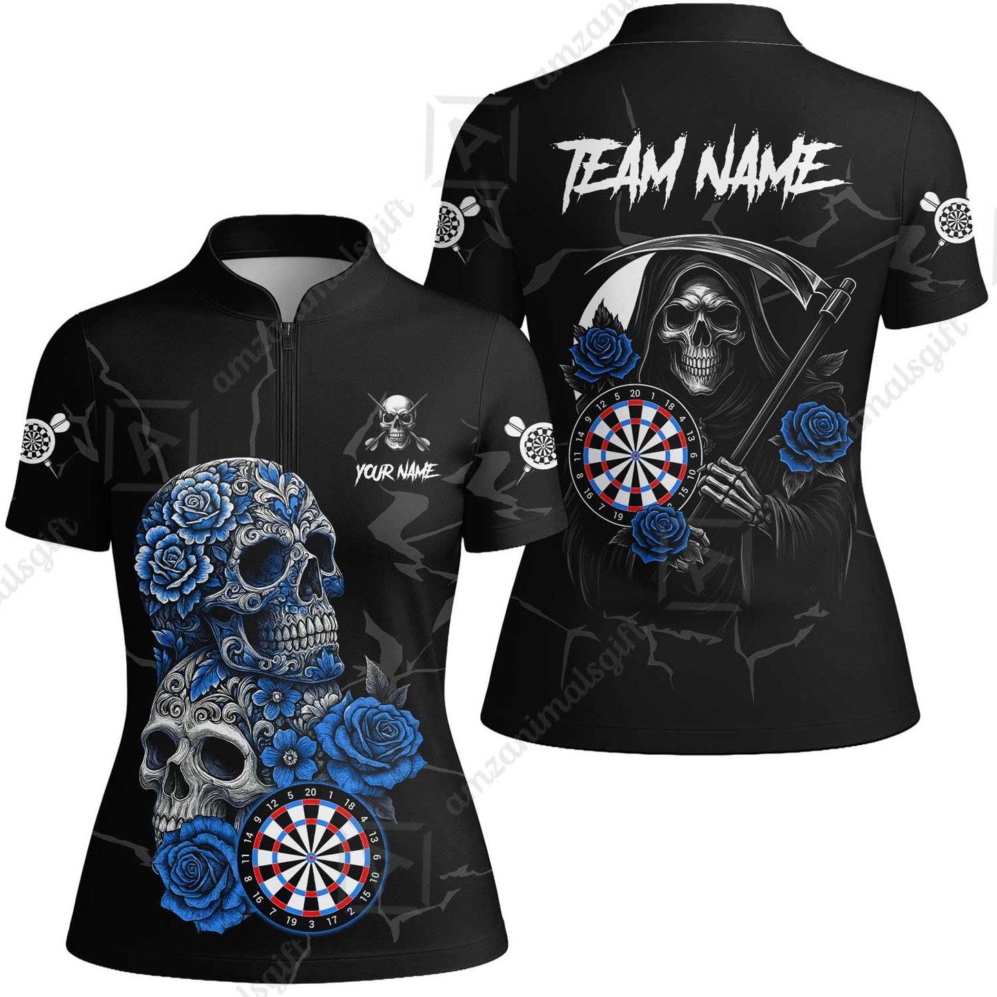 Customized Darts Women Jersey Shirt, Darts Turquoise Skull Roses Dartboard Women Polo Shirt Style Jersey for Darts Players