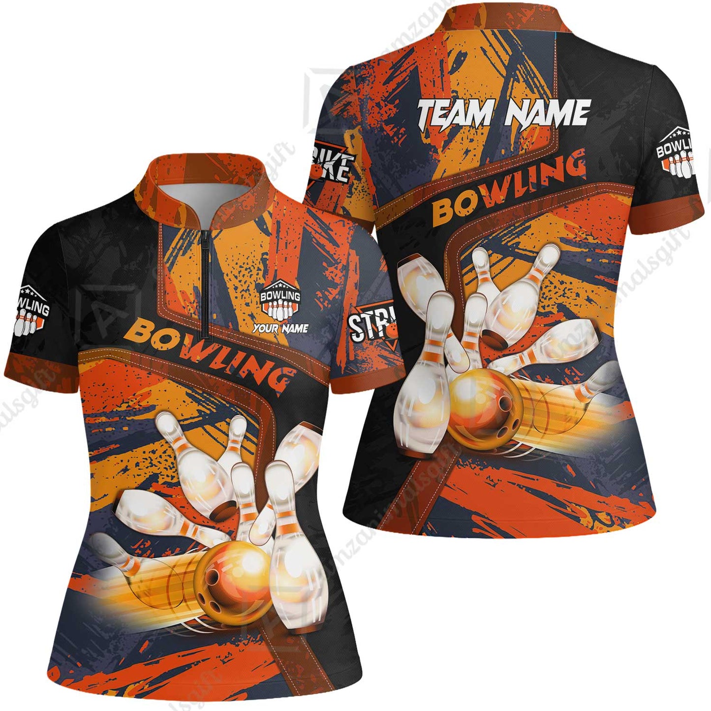 Custom Bowling Team Quater-Zip Polo Shirts, Bowling Uniforms Jerseys Brush Patterns, Multi Colors Personalized Name And Team Name