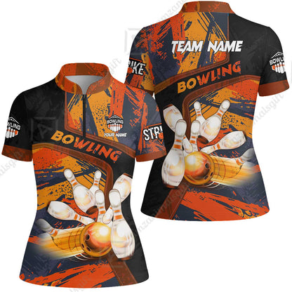 Custom Bowling Team Quater-Zip Polo Shirts, Bowling Uniforms Jerseys Brush Patterns, Multi Colors Personalized Name And Team Name