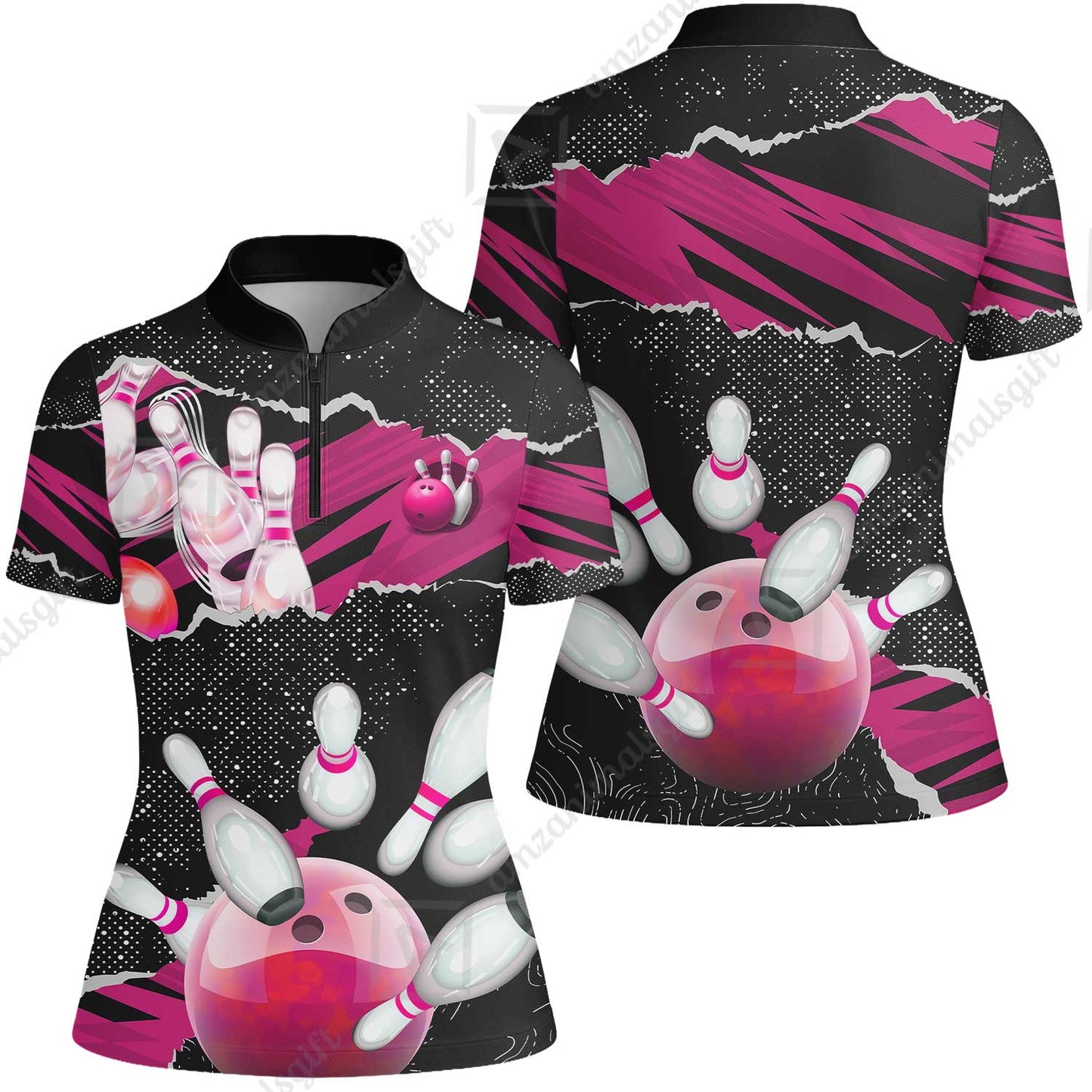 Personalized Bowling Team Women Jersey Shirt, Bowling Uniforms Ball & Pins Sport Pattern Custom Name And Team Name