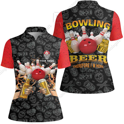 Bowling Long Polo Shirt Custom Name, Bowling and Beer Black Red Therefore I'm Here Personalized Long Polo Shirt