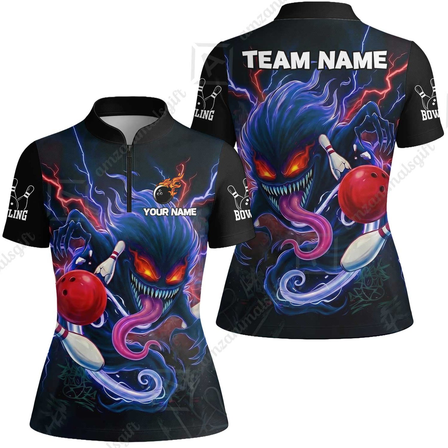 Customized Bowling Jerseys Polo Shirt, Evil Bowling Monster-Dark Bowling Spirit, Uniform Bowling - Personalized Name And Team Name