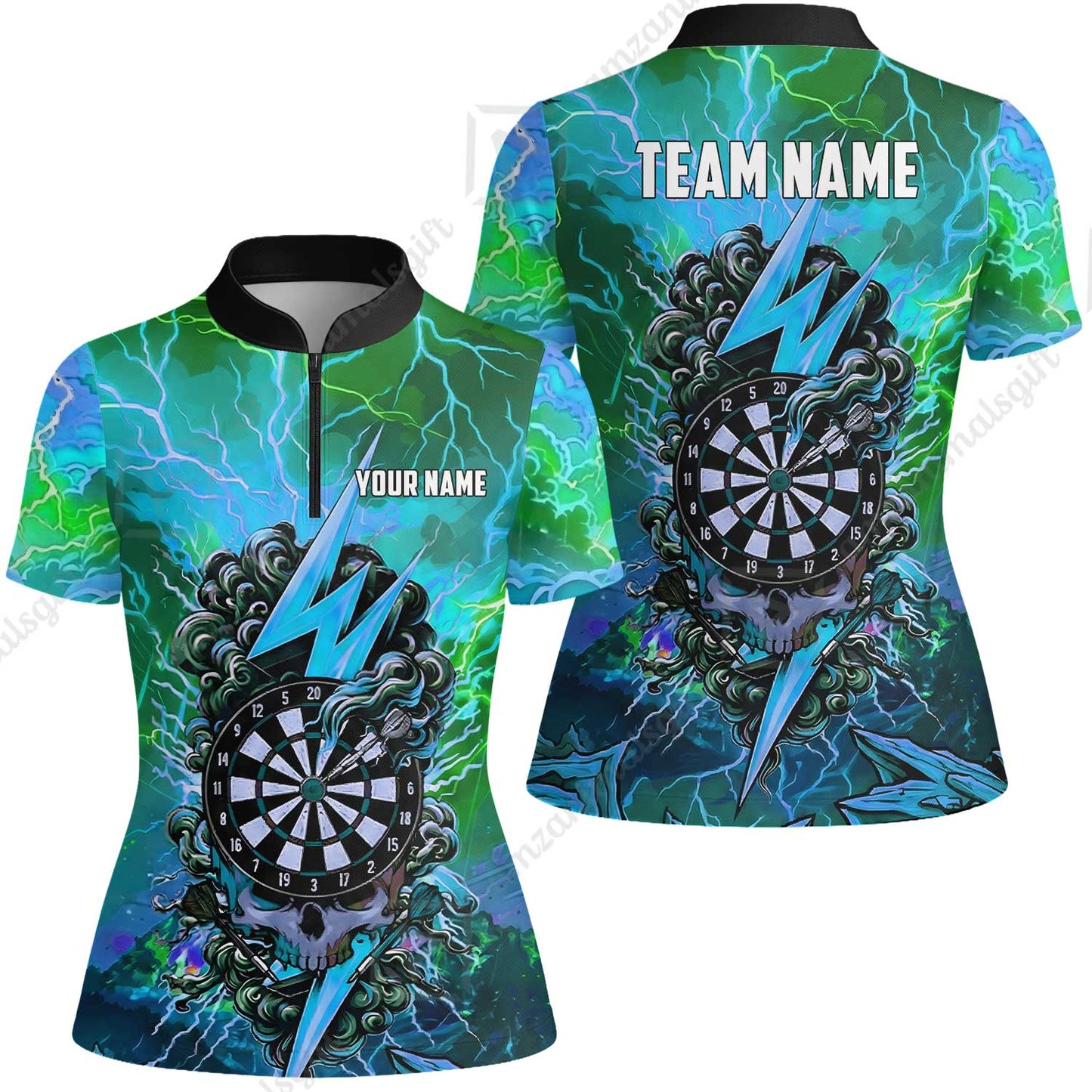 Custom Darts Team Jersey, Personalized Lightning Skull Dart Polo Shirt For Players With Name & Team Name