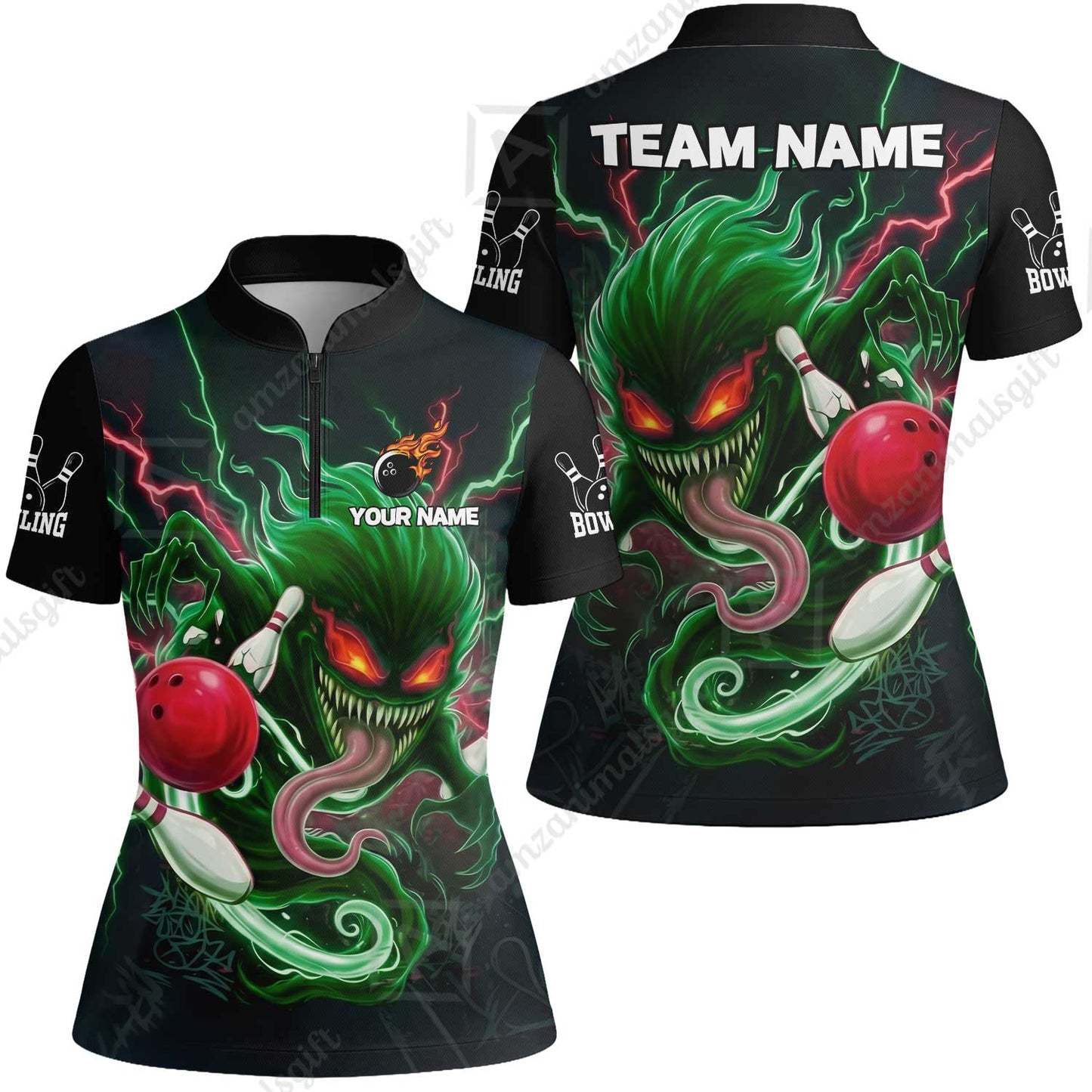 Customized Bowling Jerseys Polo Shirt, Evil Bowling Monster-Dark Bowling Spirit, Uniform Bowling - Personalized Name And Team Name