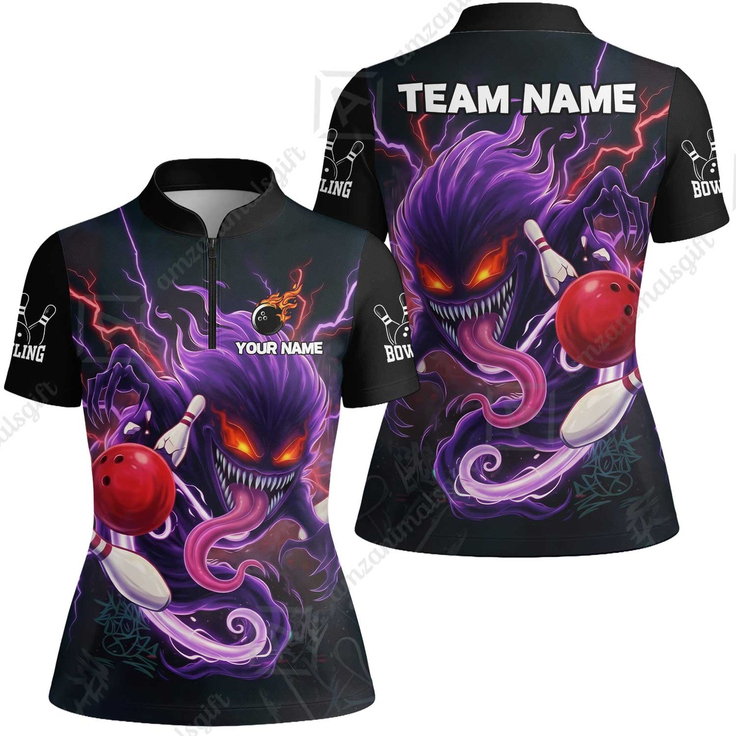 Customized Bowling Jerseys Polo Shirt, Evil Bowling Monster-Dark Bowling Spirit, Uniform Bowling - Personalized Name And Team Name