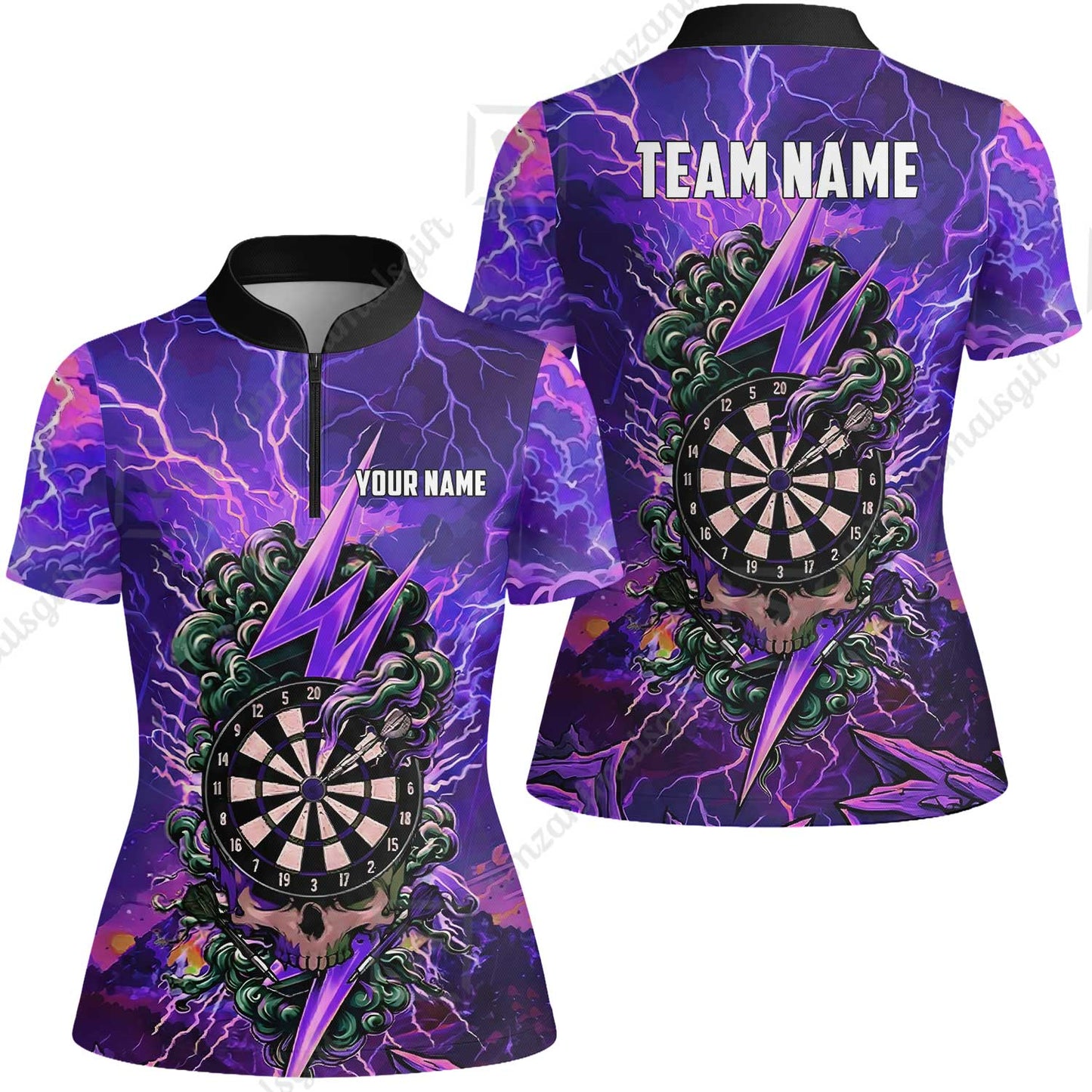 Custom Darts Team Jersey, Personalized Lightning Skull Dart Polo Shirt For Players With Name & Team Name