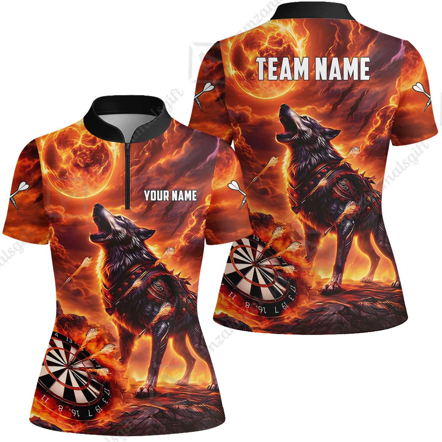 Custom Darts Team Jersey, Personalized Flaming Wolf Jersey Shirt For Players With Name & Team Name