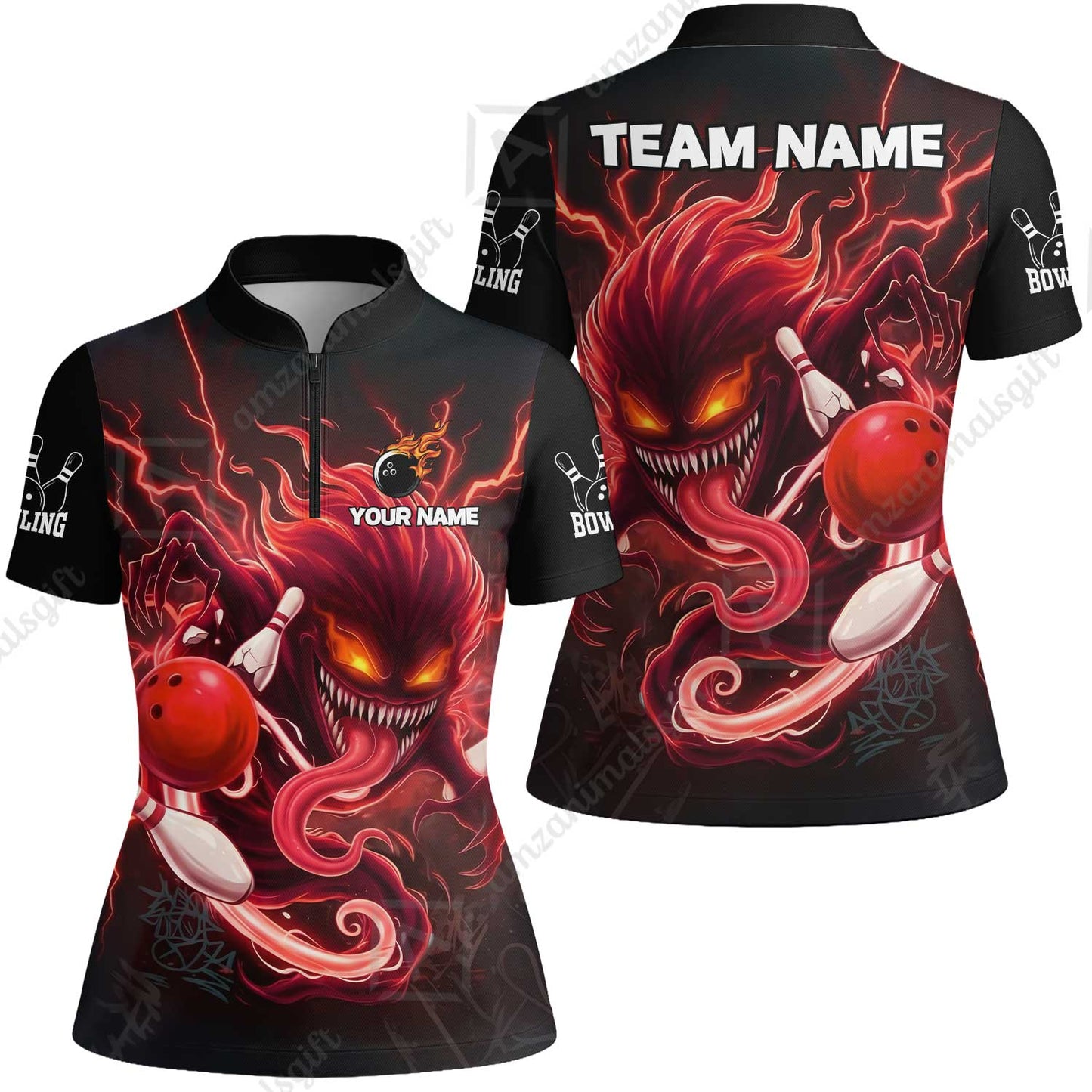 Customized Bowling Jerseys Polo Shirt, Evil Bowling Monster-Dark Bowling Spirit, Uniform Bowling - Personalized Name And Team Name
