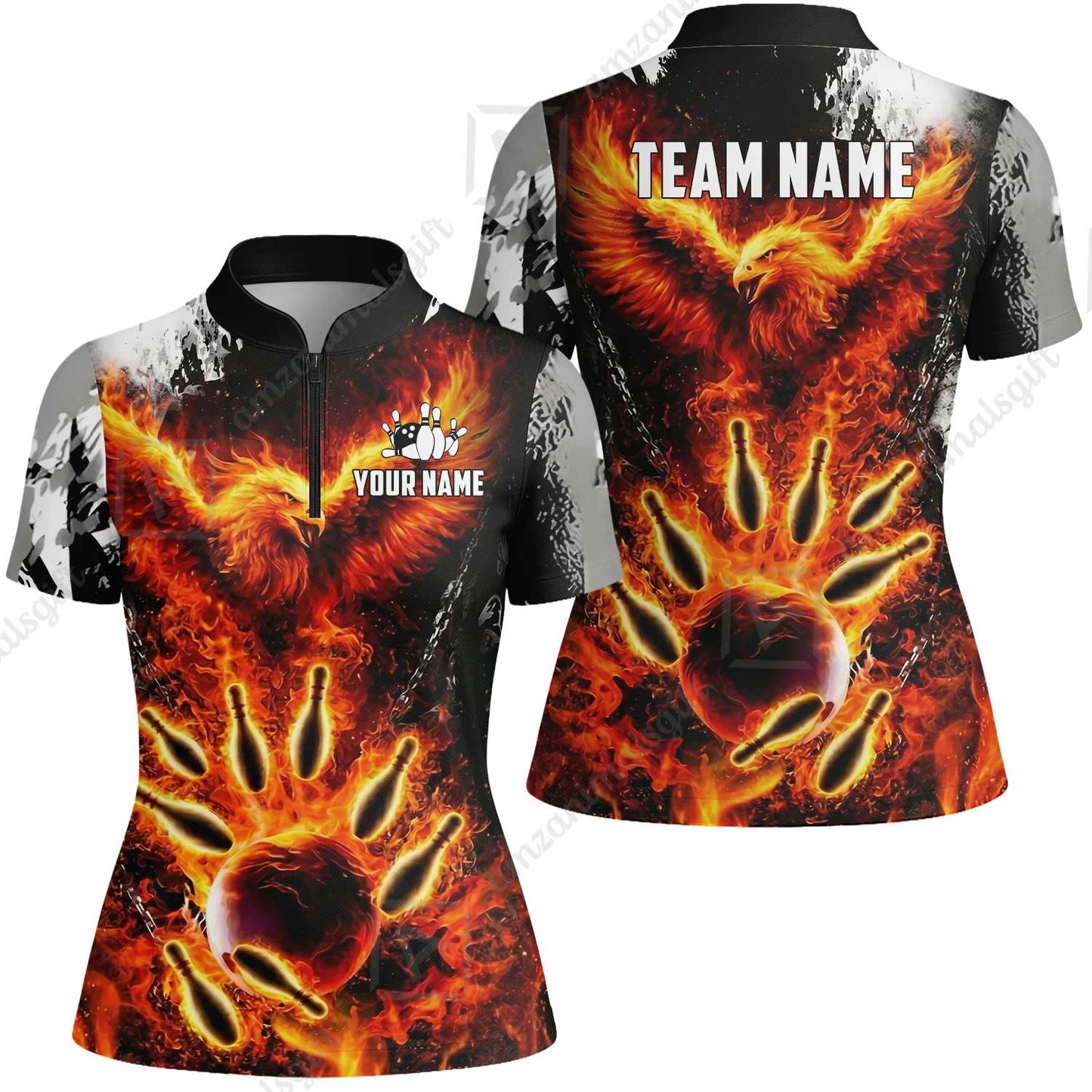 Custom Bowling Jersey Polo Shirt, Flaming Phoenix Bowling, Custom Bowling Jersey Team Shirt For Players With Name & Team Name