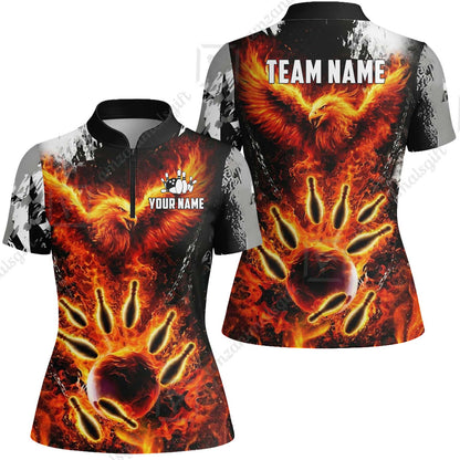 Custom Bowling Jersey Polo Shirt, Flaming Phoenix Bowling, Custom Bowling Jersey Team Shirt For Players With Name & Team Name