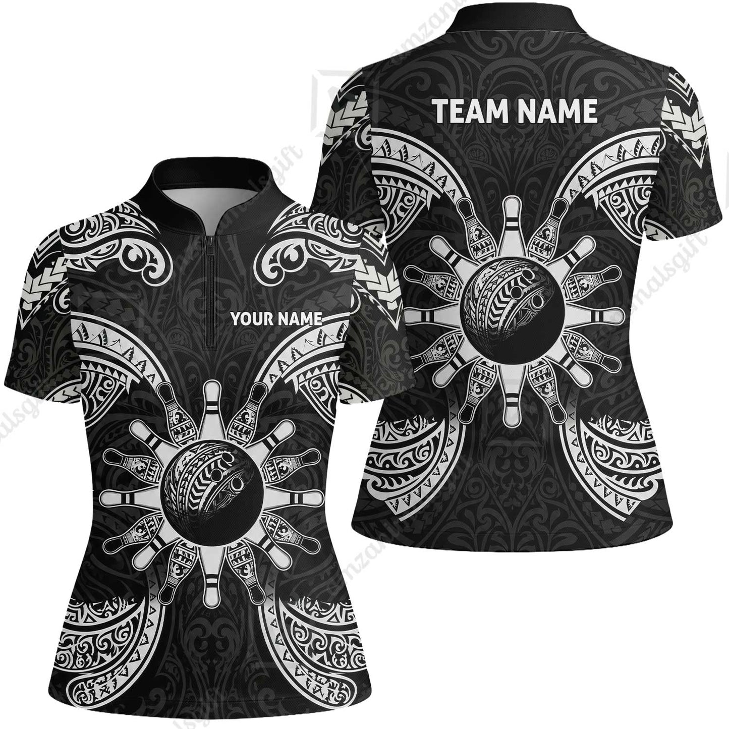 Custom Bowling Jersey Polo Shirt, Symmetric Polynesian Tribal Art Bowling, Custom Bowling Jersey Team Shirt For Players With Name and Team Name