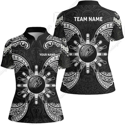 Custom Bowling Jersey Polo Shirt, Symmetric Polynesian Tribal Art Bowling, Custom Bowling Jersey Team Shirt For Players With Name and Team Name