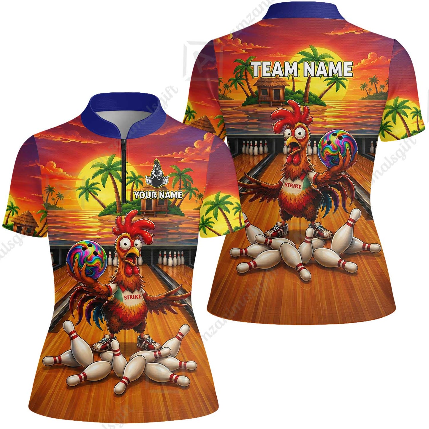 Custom Bowling Jersey Polo Shirt, Funny Tropical Island Rooster Strike, Custom Bowling Jersey Team Shirt For Players With Name and Team Name