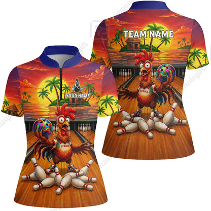 Custom Bowling Jersey Polo Shirt, Funny Tropical Island Rooster Strike, Custom Bowling Jersey Team Shirt For Players With Name and Team Name