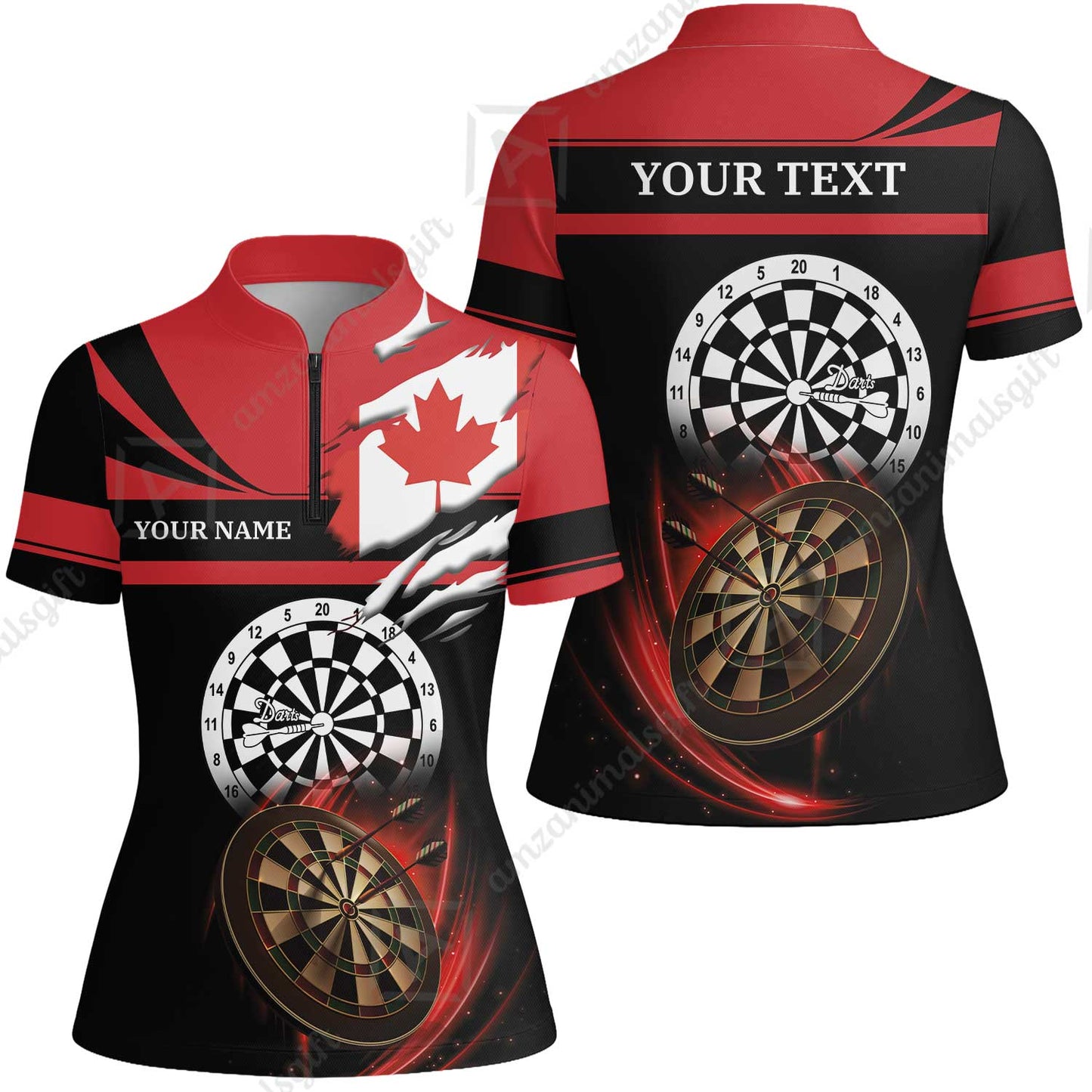 Customized Name & Text Darts Quarter-Zip Polo Shirt, Canada Flag Personalized Name Darts Quarter-Zip Polo Shirt