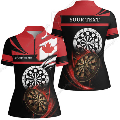 Customized Name & Text Darts Quarter-Zip Polo Shirt, Canada Flag Personalized Name Darts Quarter-Zip Polo Shirt