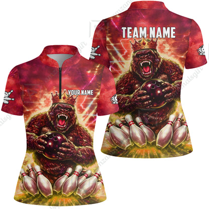 Custom Bowling Jersey Polo Shirt, King Gorilla Holding Bowling Ball, Custom Bowling Jersey Team Shirt For Players With Name & Team Name