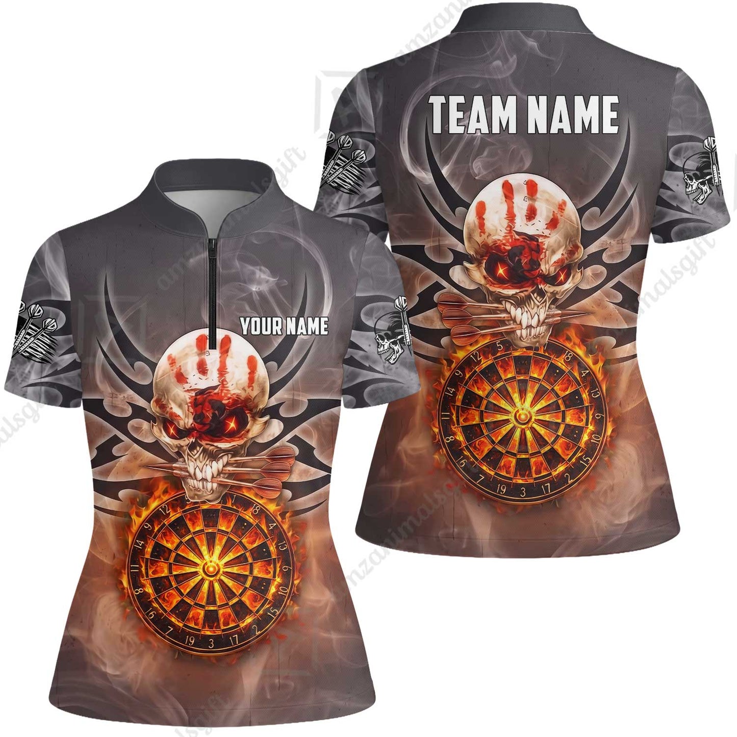 Custom Darts Jersey Polo Shirt, Glowing Fire Skull Tribal, Custom Dart Jersey Team Shirt For Players With Name & Team Name