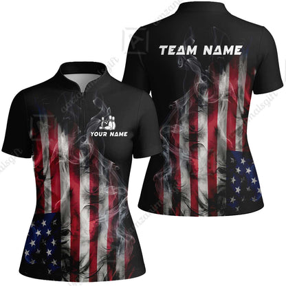 Custom Bowling Jersey Polo Shirt, Smoke USA Flag Bowling, Custom Bowling Jersey Team Shirt For Players With Name & Team Name