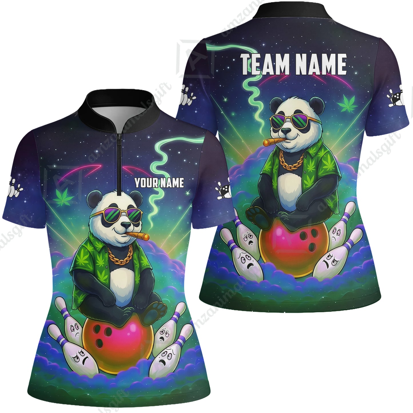 Custom Bowling Jersey Polo Shirt, Chill Panda & Cosmic Vibe, Custom Bowling Jersey Team Shirt For Players With Name & Team Name